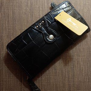 NWT - Michael Rome Black Croc Embossed Italian Leather Zip-Around Wallet